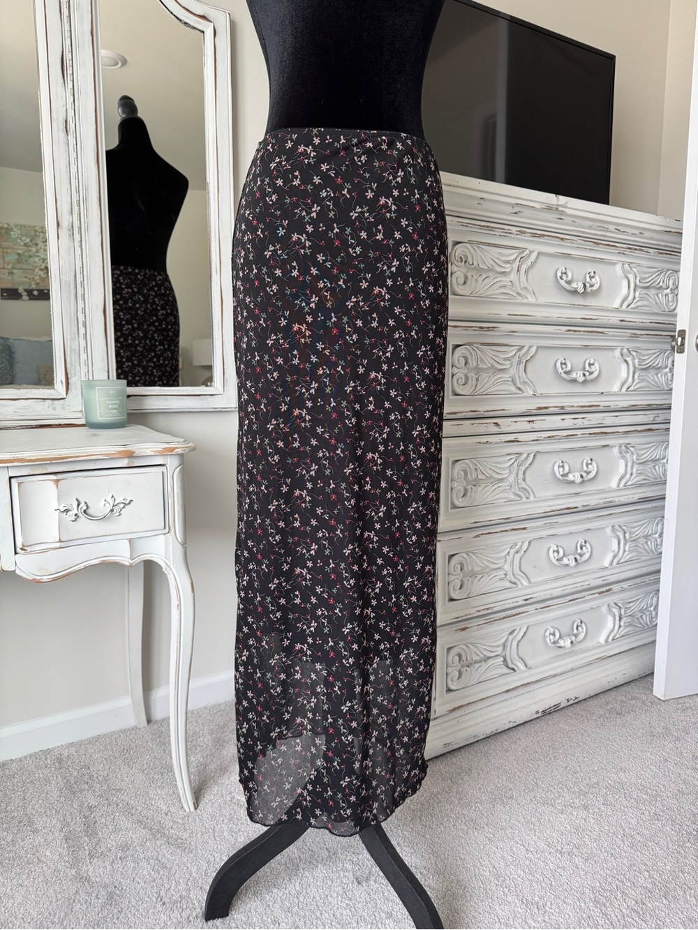 URBAN Romantics Black Maxi Skirt with Pink and Cream Floral Print